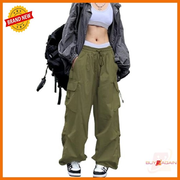 Women's Parachute Cargo Pants Baggy Loose Fit Multi-Pocket Y2K Style - Picture 3 of 8